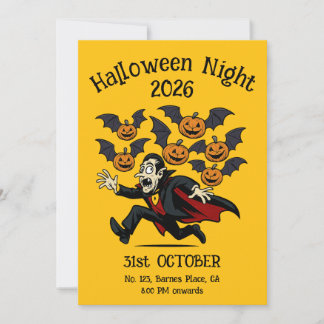 Vintage Halloween Vampire and Flying Pumpkin Bats Invitation
