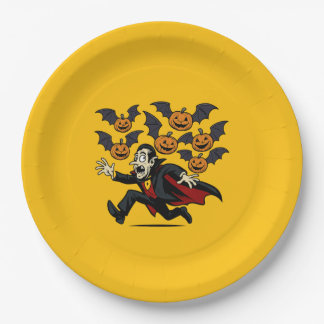 Vintage Halloween Vampire and Flying Pumpkin Bats Paper Plate