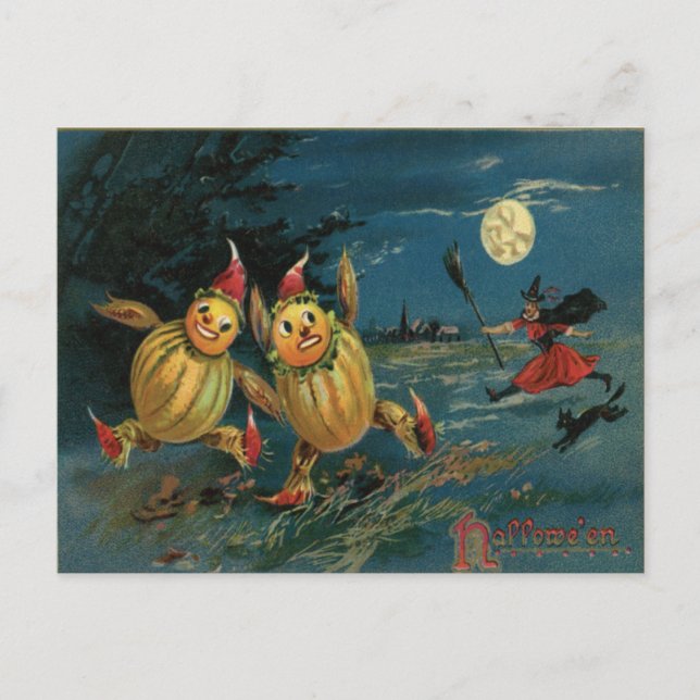 Vintage Halloween Veggie People on the Run Postcard (Front)