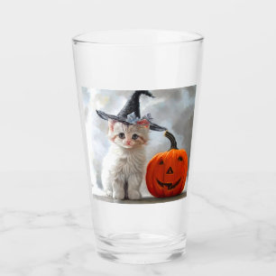 Vintage Halloween White Kitten and Jack-o'-lantern Glass