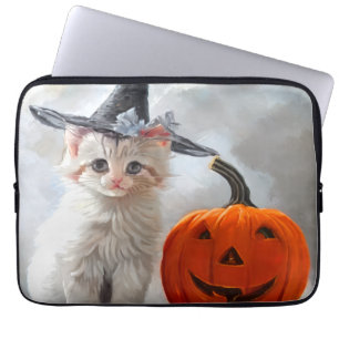 Vintage Halloween White Kitten and Jack-o'-lantern Laptop Sleeve