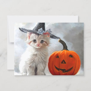 Vintage Halloween White Kitten and Jack-o'-lantern Postcard