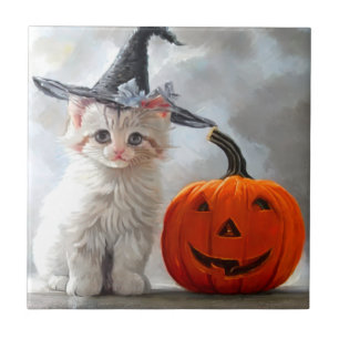 Vintage Halloween White Kitten and Jack-o'-lantern Tile
