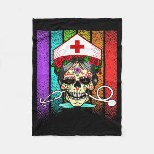 Vintage Halloween White Sugarskull Nurse Dia De Fleece Blanket