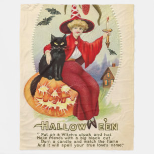 Vintage Halloween Witch and Black Cat Fleece Blanket
