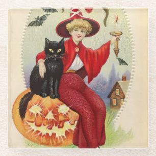 Vintage Halloween Witch and Black Cat Glass Coaster