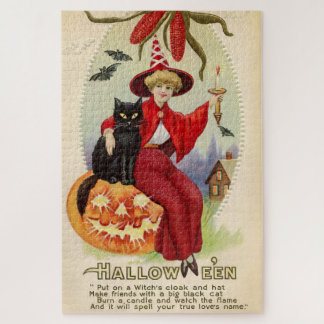 Vintage Halloween Witch and Black Cat Jigsaw Puzzle