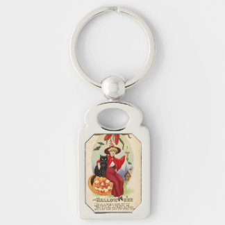 Vintage Halloween Witch and Black Cat Key Ring