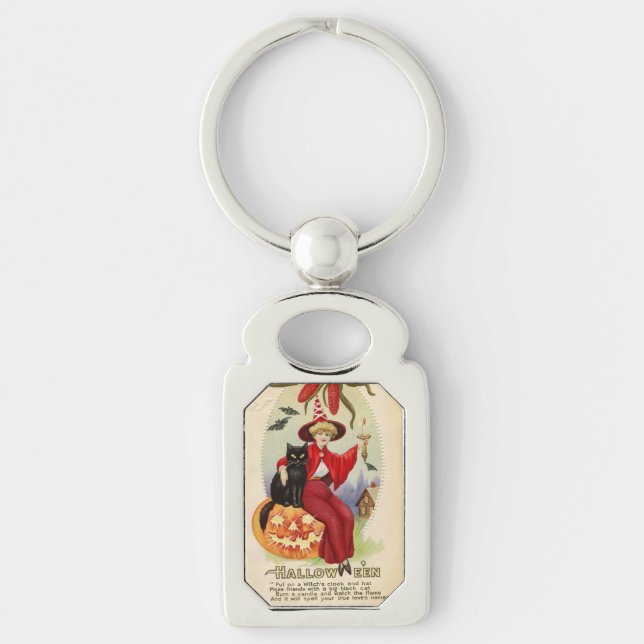 Vintage Halloween Witch and Black Cat Key Ring (Front)