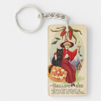 Vintage Halloween Witch and Black Cat Key Ring