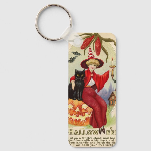 Vintage Halloween Witch and Black Cat Key Ring (Front)