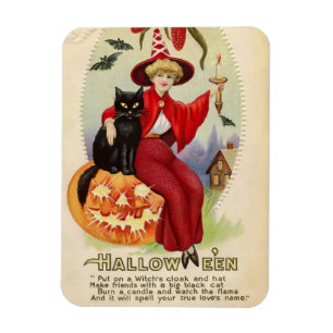 Vintage Halloween Witch and Black Cat Magnet