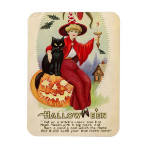 Vintage Halloween Witch and Black Cat Magnet
