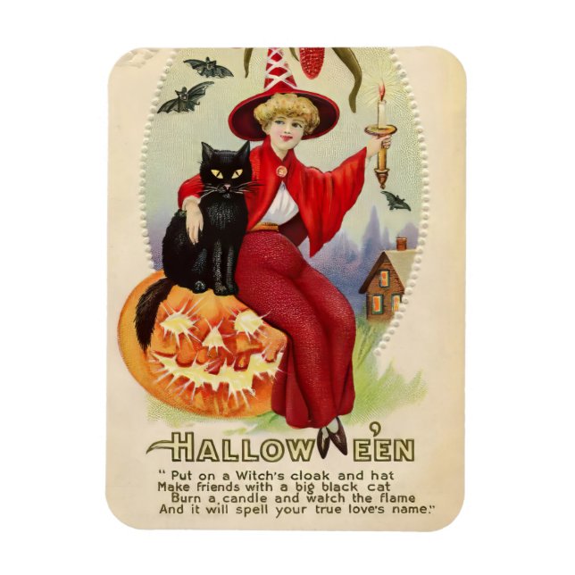 Vintage Halloween Witch and Black Cat Magnet (Vertical)