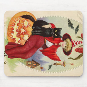 Vintage Halloween Witch and Black Cat Mouse Mat