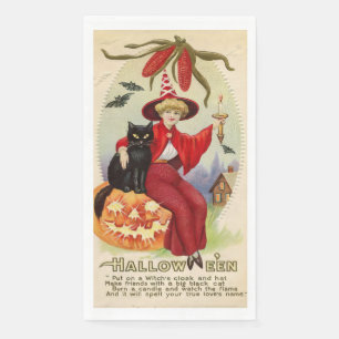 Vintage Halloween Witch and Black Cat Napkin