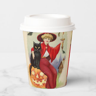 Vintage Halloween Witch and Black Cat Paper Cups