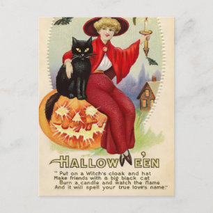 Vintage Halloween Witch and Black Cat Postcard