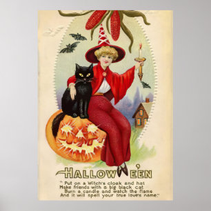 Vintage Halloween Witch and Black Cat Poster