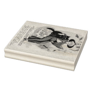 Vintage Halloween Witch and Black Cat Rubber Stamp