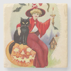 Vintage Halloween Witch and Black Cat Stone Coaster