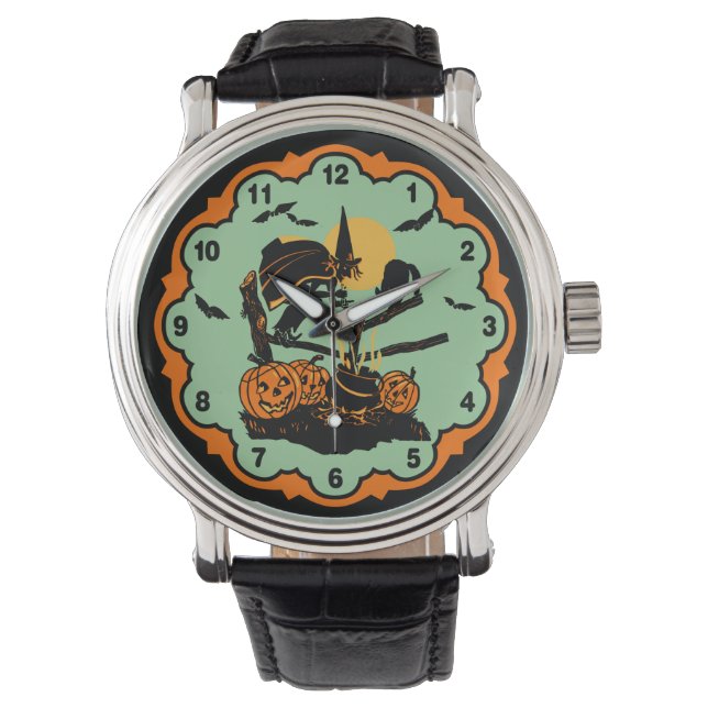 Vintage Halloween Witch and Black Cats Watch (Front)