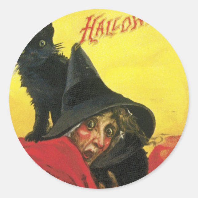 Vintage Halloween Witch and Cat Classic Round Sticker (Front)