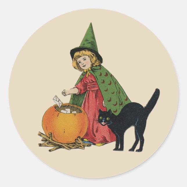 Vintage Halloween Witch and Cat, Ellen Clapsaddle Classic Round Sticker (Front)