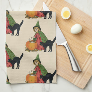 Vintage Halloween Witch and Cat, Ellen Clapsaddle Tea Towel