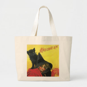 Vintage Halloween Witch and Cat Large Tote Bag