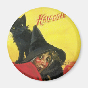 Vintage Halloween Witch and Cat Magnet