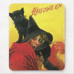 Vintage Halloween Witch and Cat Mouse Mat