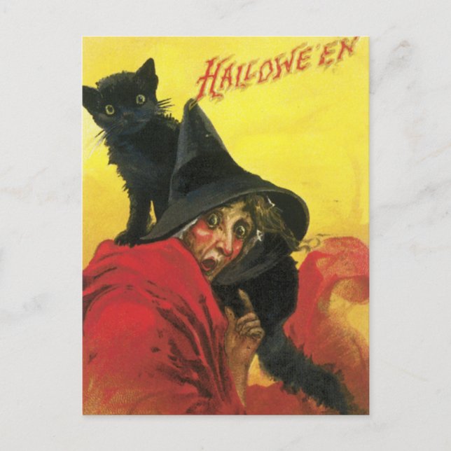 Vintage Halloween Witch and Cat Postcard (Front)