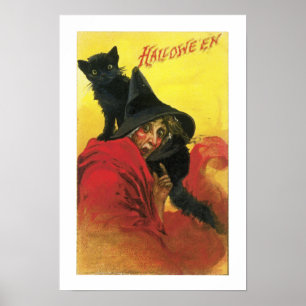 Vintage Halloween Witch and Cat Poster
