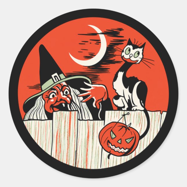 Vintage Halloween Witch and Cat Sticker (Front)