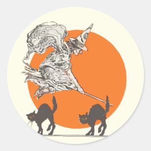 Vintage Halloween Witch and Cats Stickers