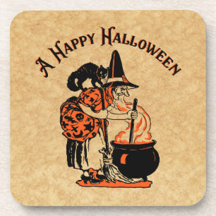 Vintage Halloween Witch and Cauldron Coaster