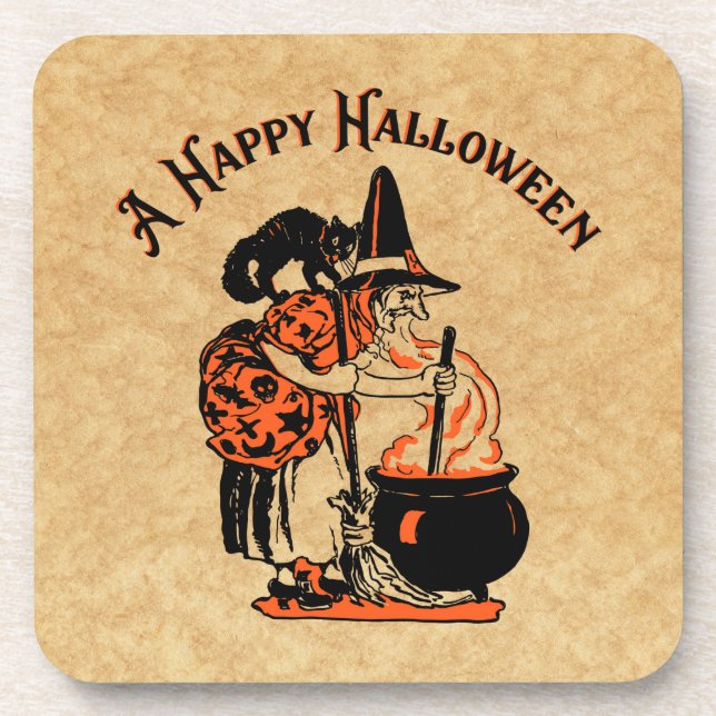 Vintage Halloween Witch and Cauldron Coaster (Front)