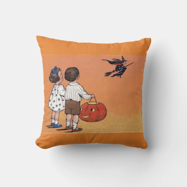 Vintage Halloween Witch and Children Throw Pillow (Front)