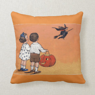 Vintage Halloween Witch and Children Throw Pillow