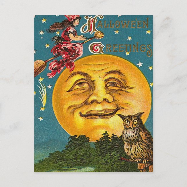 Vintage Halloween Witch and Full Moon  Postcard (Front)