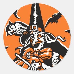 Vintage Halloween Witch and Owl Illustration Classic Round Sticker