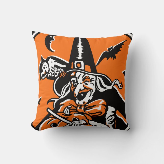 Vintage Halloween Witch and Owl Illustration Cushion (Front)