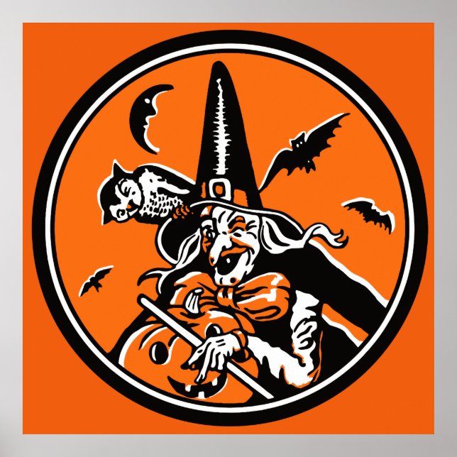 Vintage Halloween Witch and Owl Illustration Poster (Front)