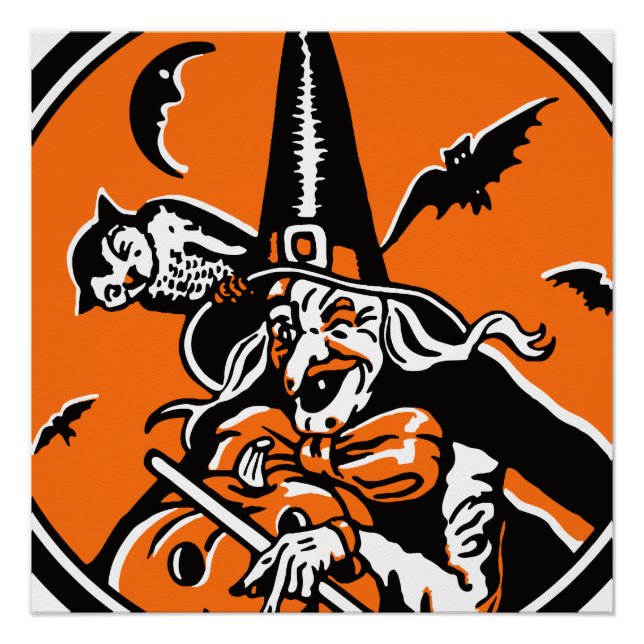 Vintage Halloween Witch and Owl Illustration Poster (Front)