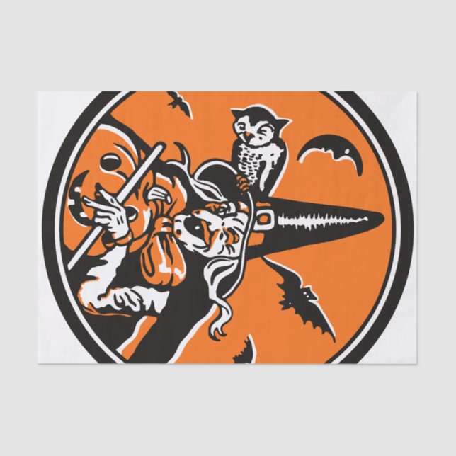 Vintage Halloween Witch and Owl Illustration Tissue Paper (Front)