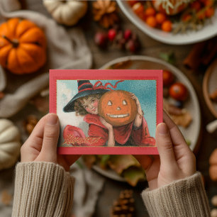 Vintage Halloween Witch And Pumpkin Card