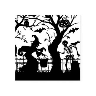Vintage Halloween Witch and Skeleton Rubber Stamp