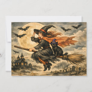 Vintage Halloween Witch, Black Cat on the Broom Holiday Card