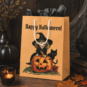 Vintage Halloween Witch Black Cat & Pumpkin Medium Gift Bag